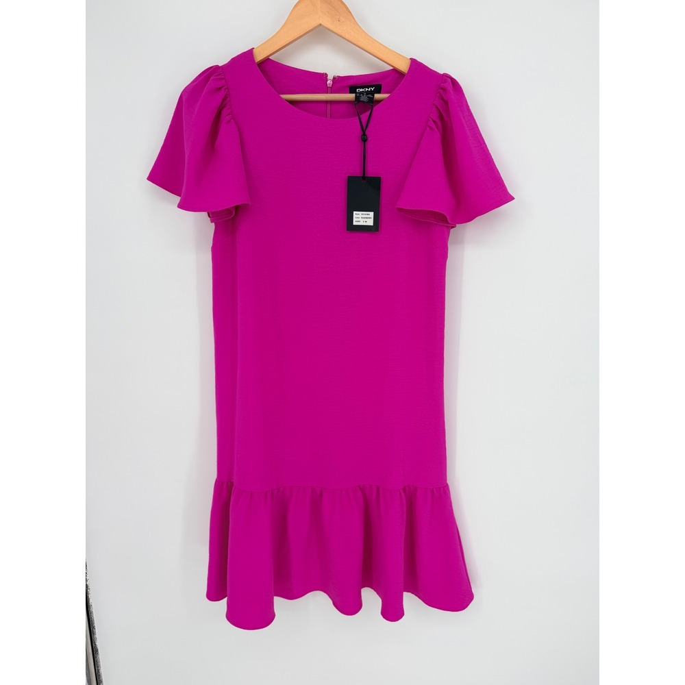 DKNY Dress 6 Raspberry Pink Flutter Sleeve Flounce Hem Barbiecore Party Dress